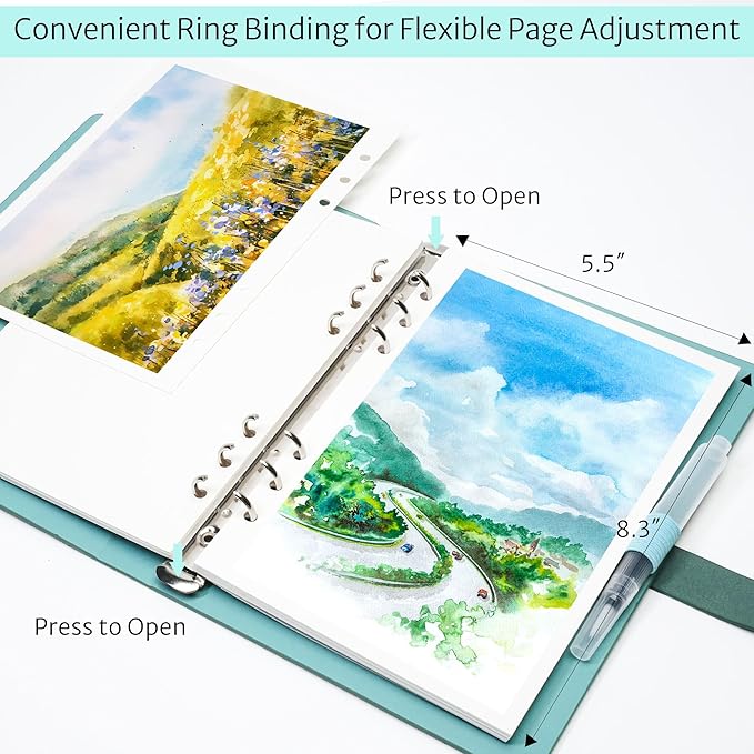 Vienrose 9" x 7" 3 Ring Watercolor Sketchbook, Faux Leather Cover Professional Art Journal with Detachable 24 Sheets 48 Pages, Ideal for Water Coloring, Sketching, Painting, Turquoise