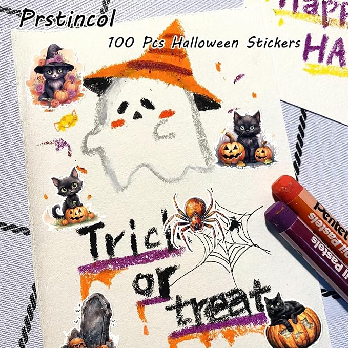 100 Pcs Black Cat and Witch Stickers, Horrible Pumpkin Stickers for Scrapbook, Junk Journal, Collages, Halloween Party Favors, Waterproof Vinyl Sticker for Laptop, Window, Water Bottles