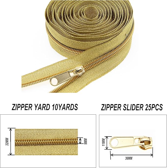 5# Gold Metallic Nylon Coil Zippers by The Yard, Bulk Gold Zipper Tape 10 Yards with 20Pcs Pulls for DIY Sewing Craft Bags YIGUANXIN
