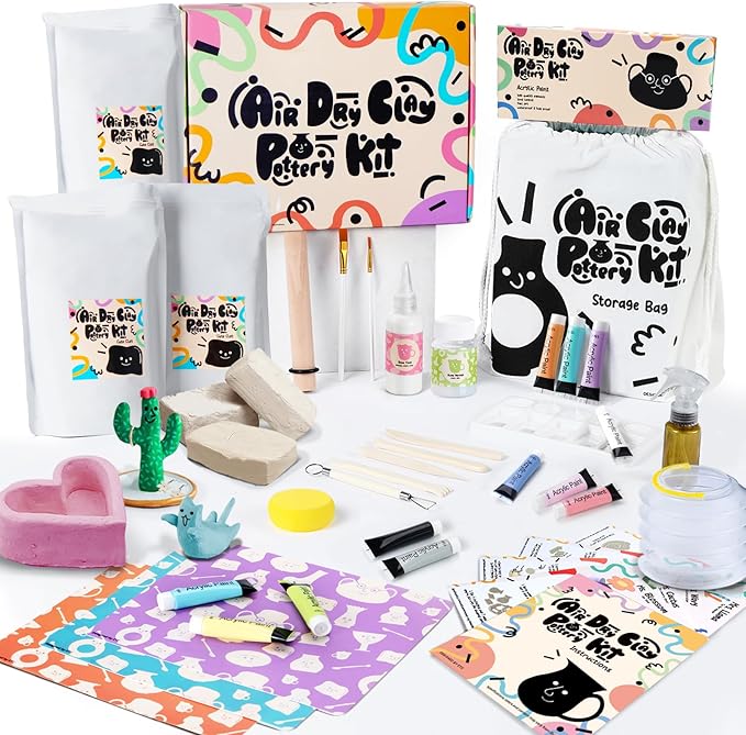 Air Dry Clay Pottery Kit for Adults, DIY Pottery Craft Clay Kit for Beginners, Sculpting Tools Set & Step-by-Step Guide, 12 Paints, Paintbrush, Varnish, Sponge, Kids Teen Party Birthday Christmas Gift