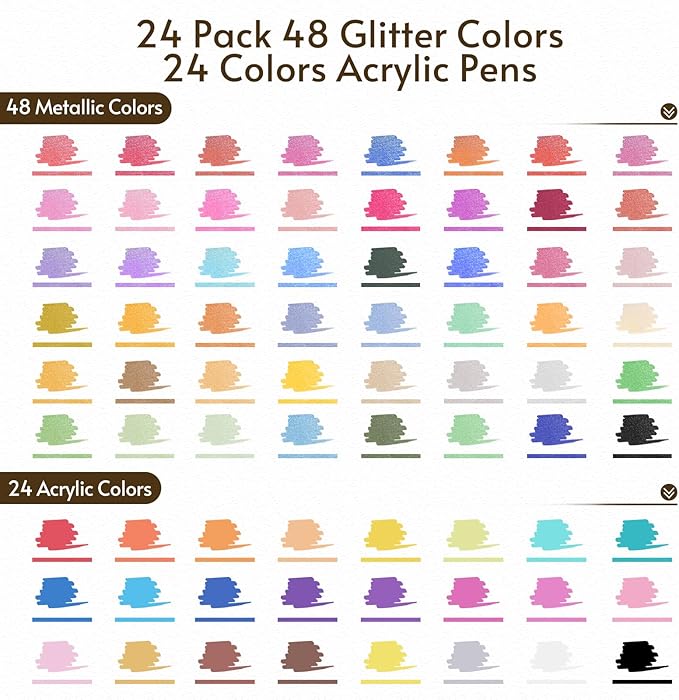 TOSAHRE 72 Colors 48 Pack Dual Tip Glitter Markers & Acrylic Marker Set Shimmer Glitter Marker 24 Pack(48 Colors)+Paint Pens 24 Pack Adult Coloring Marker for Chriatmas Gifts Art Crafts Party Supplies