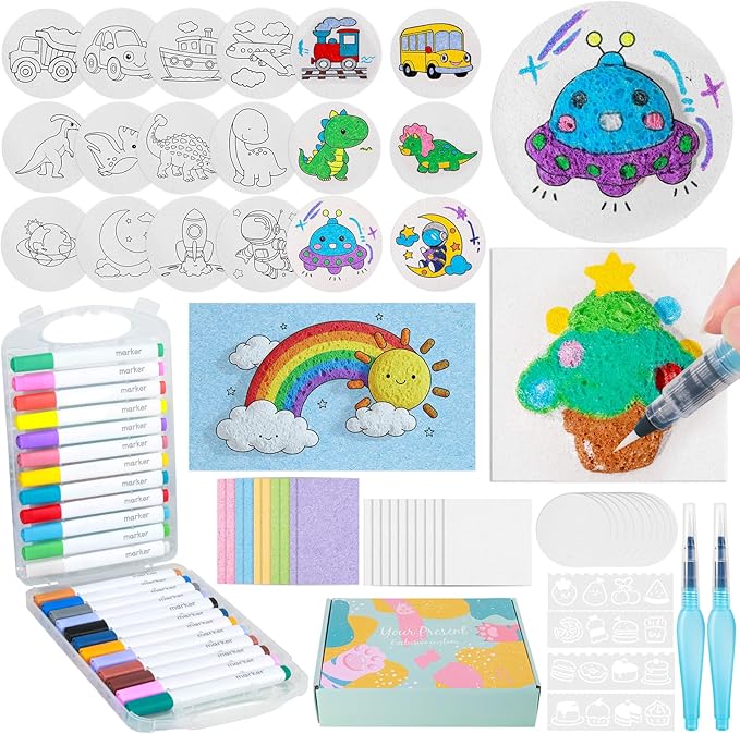 80 Pcs Magic 3D Foam Texture Painting Kit, Magic Puffy Paint Kit, Including 48 Pcs Foam Texture Paper, 24 Colors Acrylic Marker Pen, 4 Drawing Templates, 2 Water Brushes, Art Painting Kits (Blue)