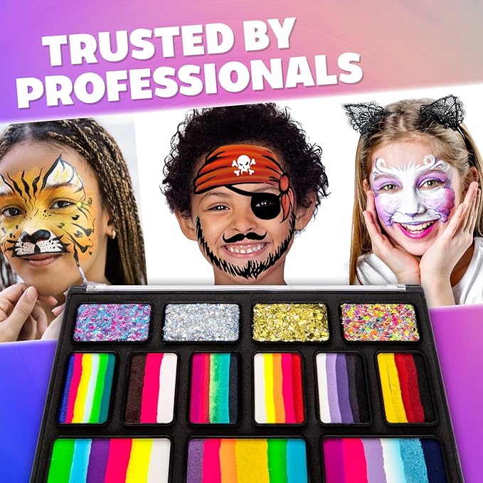 Kraze FX Professional Face Painting Split Cake Palette, Water Activated, Hypoallergenic, Safe, Non Toxic Halloween Party Makeup Face Paint Kit for Kids & Adults (9 Splitcake, 4 Glitter Set)