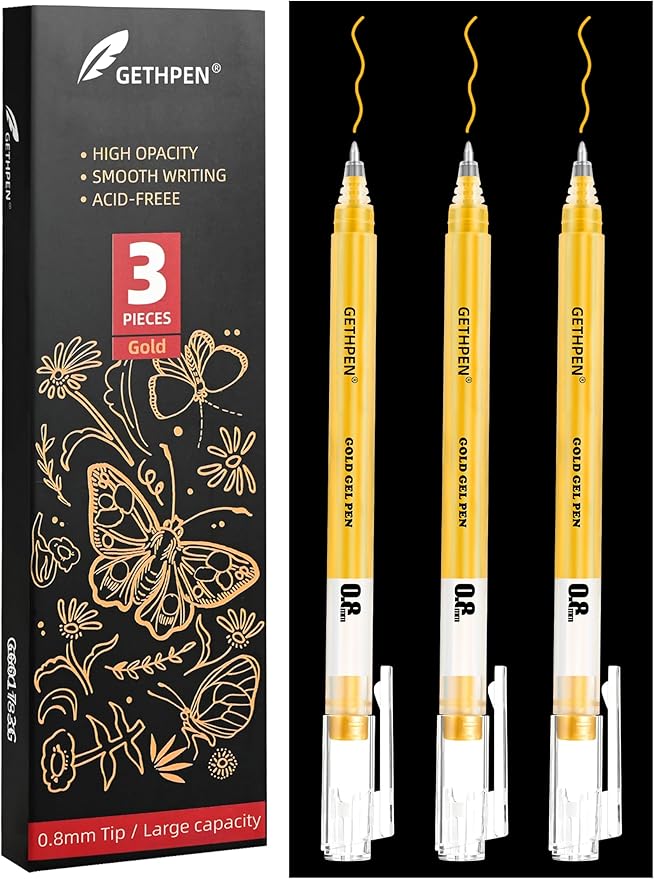 0.8mm Gold Gel Pens 3-Pack – Extra Fine Point Opaque Ink for Black Paper Drawing, Sketching, Bullet Journaling & Holiday Card Design