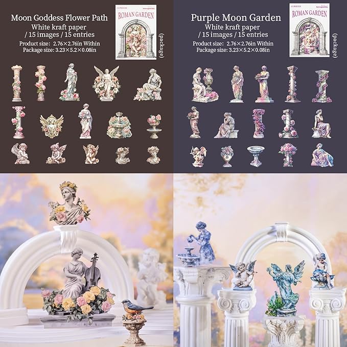 90 Pieces Roman Garden Statue Stickers, Aesthetic White Kraft Paper Decals for Scrapbooking, Bullet Journals, Planners, Vintage Angel Statue Landscape Creation Stickers for Adult DIY Crafts