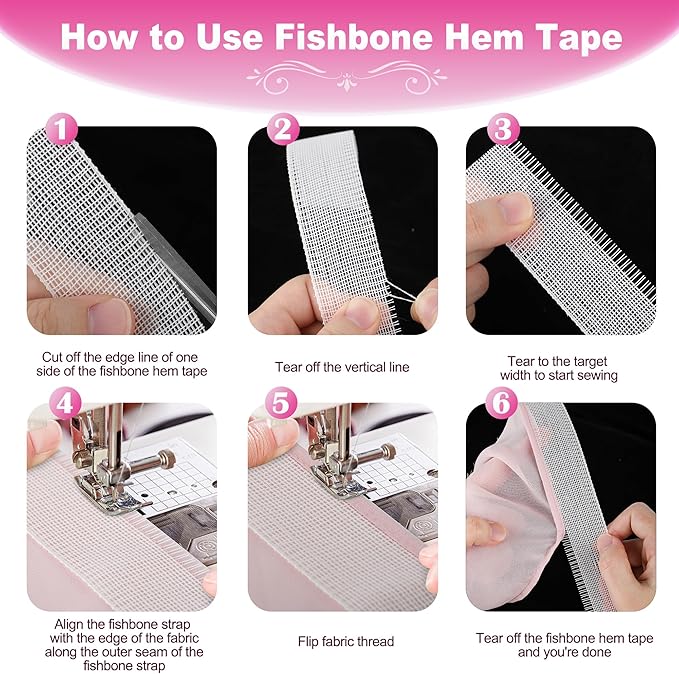 Fishbone Hem Tape for Sewing 2.5 Yards Edge Roller for Chiffon & Thin Fabrics Sewing Tool for Beginners and Enthusiasts Tailors Helper Sewing Supplies 3.5cm Width Frills Hem Sewing Guide