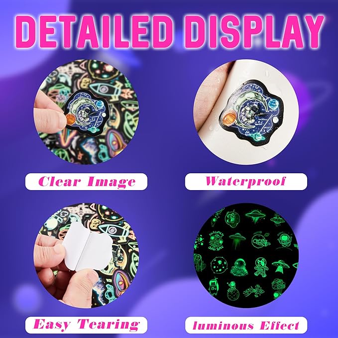 75 Pcs Neon Space Planets Stickers for Kids Glow in The Dark, Vinyl Astronaut Sticker for Water Bottle, Waterproof Laptop Decals for Teens Girls Boys Adults