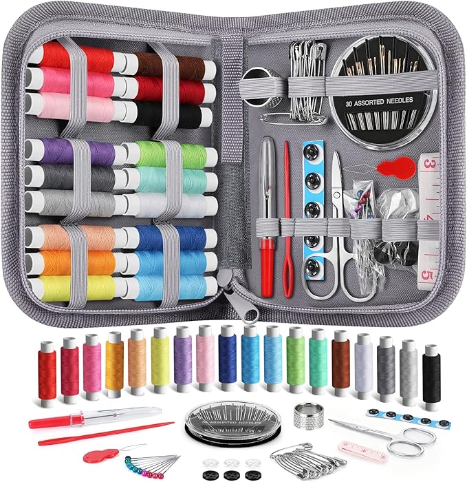 Coquimbo Sewing Kit for Adults, Kids, Beginner, Traveler, Portable Sewing Supplies Contains Soft Tape Measure, Scissors, Thimble, Thread, Sewing Needles (Gray, M)