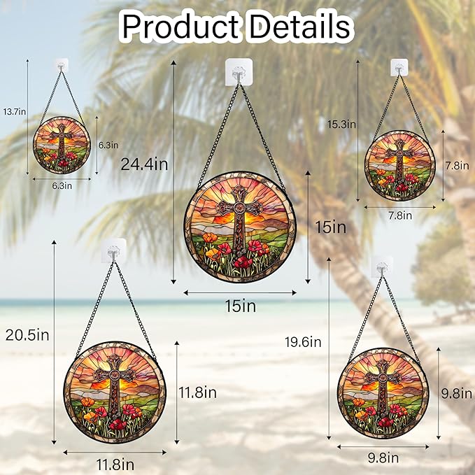 Christian Gifts for Women - Cross Stained Glass Window Hanging Jesus Easter Poppy Sunset Landscape Sun Catcher Garden Religion Decor Mother's Day Catholic Gift for Men Grandma Mom Her 7.8"