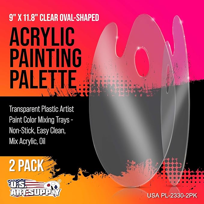 U.S. Art Supply 9" x 11.8" Clear Oval-Shaped Acrylic Painting Palette (Pack of 2) - Transparent Plastic Artist Paint Color Mixing Trays - Non-Stick, Easy Clean, Mix Acrylic, Oil