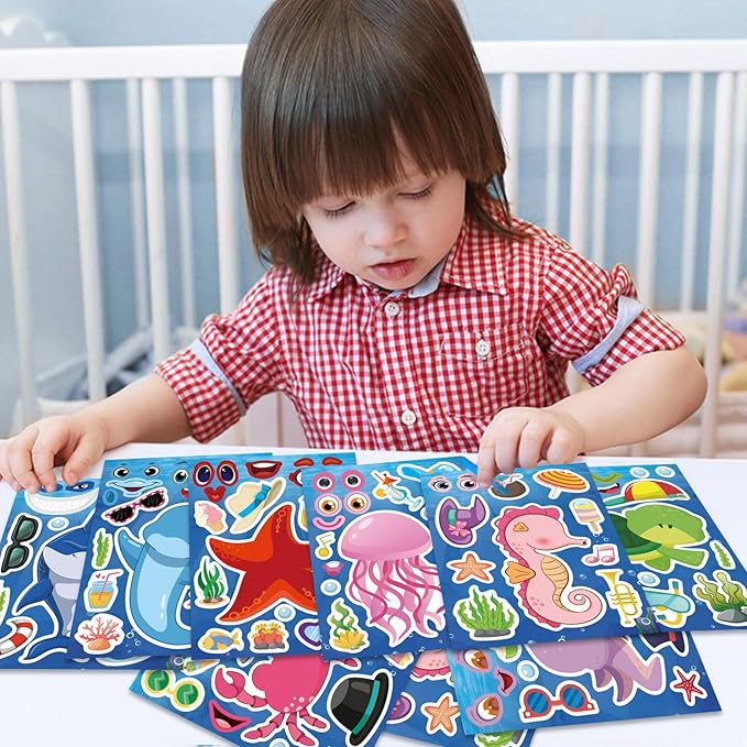 24 Sheets Ocean Stickers for Kids, Make Your Own Sea Animal Mix and Match Sticker Sheets, Make a Face Stickers for Kids Activities Supplies Crafts