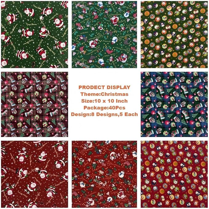 Christmas Layer Cake Fabric - 48 Pcs 10x10 Inch Precut Squares for Quilting | 100% Cotton with Festive Santa,Sock,and Tree in Red and Green(8 Patterns,6 Each)
