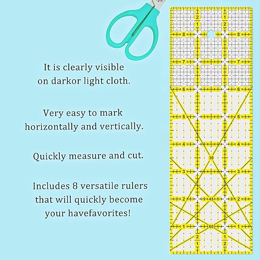 Quilting Rulers, 7 Piece Acrylic Ruler, Fabric Cutting Ruler (12.5"X12.5", 9.5"X9.5", 6"X6", 4.5"X4.5",12"x6.5",9"x3",12"x2"), Sewing & Quilting Templates