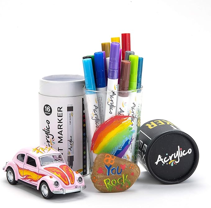 Acrylic Paint Markers Set of 16 Paint Pens – Fine Tip for Fabric, Rock, Metal, Ceramic, Adult Coloring & Art Projects – Art Supplies for Kids & Adults
