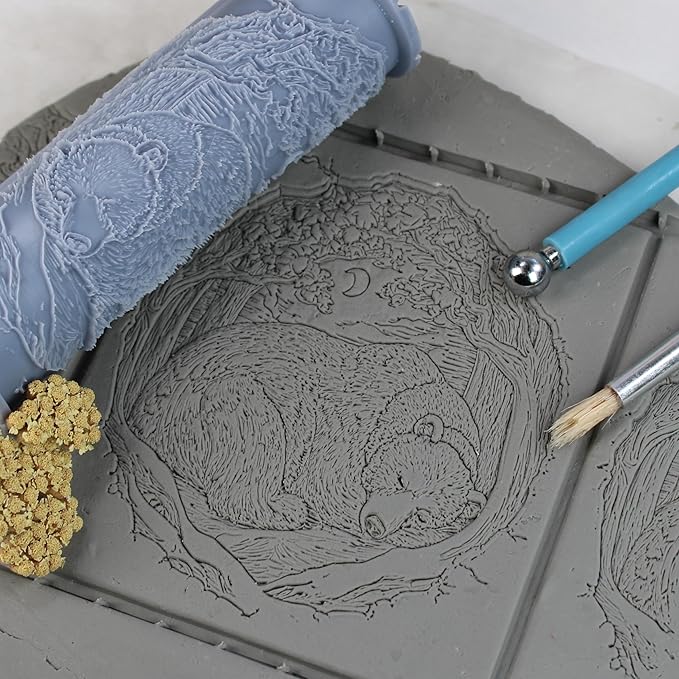 Hibernating Bear Clay Texture Roller (4") - Winter Set #01 - Embossing Pattern Roller for Polymer & Ceramic Clay, Pottery & Crafts