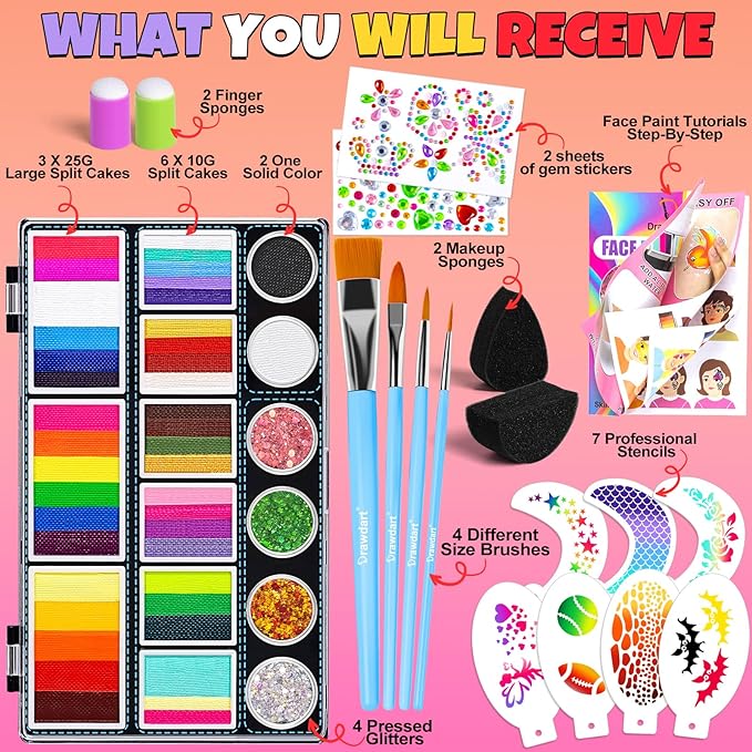 Drawdart Professional Face Painting Kit for Kids Adults, Large Split Cake Face Paint Palette with Glitters, One Stroke Non-Toxic Rainbow Face Body Makeup Kit for Festival, Party & Cosplay Makeup