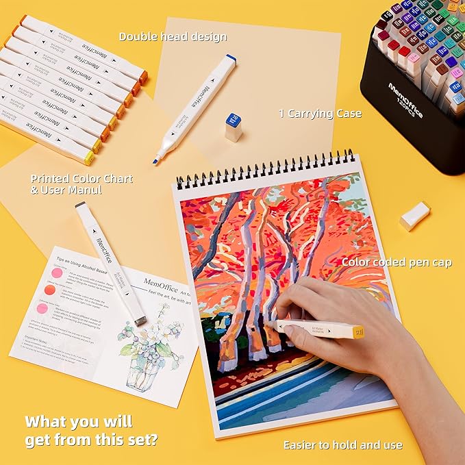 MemOffice 120 Colors Dual Tip Artist Alcohol Markers Set with Carrying Case - Perfect for Coloring, Drawing, Sketching, Card Making and Illustration - Perfect for Adults