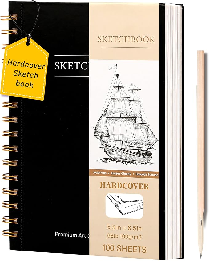 Yoment 5.5" x 8.5" Sketch Book Small Sketchbook for Drawing 100 Sheets Hardcover Spiral Sketch Pad for Kids(68lb/100gsm) Art Sketchbook Drawing Blank Paper Book for Beginners Artists with Pencil Black