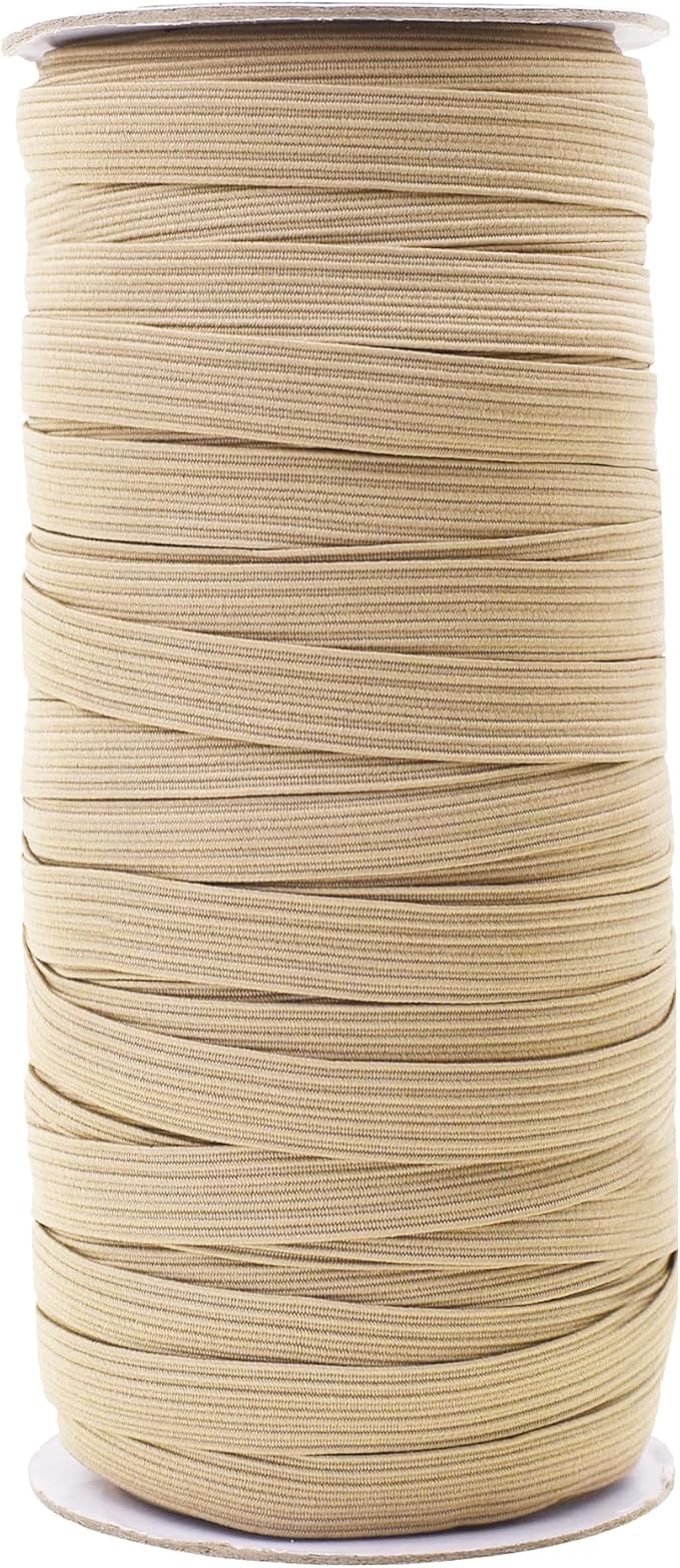 Mandala Crafts 10mm 50 Yds Roll of Khaki Elastic Bands for Sewing - 3/8 Flat Elastics Cord - 3 8 Inch Braided Stretch Straps for Crafting