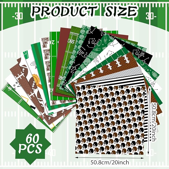 Ganeen 60 Pcs 10 x 10 Inch Football Quilting Fabric Squares Vintage Football Fat Patchwork Precut Strips Retro Green and Brown Fabric Bundles for Holiday DIY Craft Sewing Quilt Material Handmade