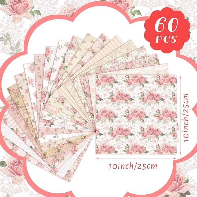 20 Pcs 10''x10'' Vintage Rose Quilting Fabric Square Bundle Retro Floral Precuts Quiltted Fabric Pink and White Printed Patchwork Material Supplies for Holiday Patchwork DIY Sewing Crafts