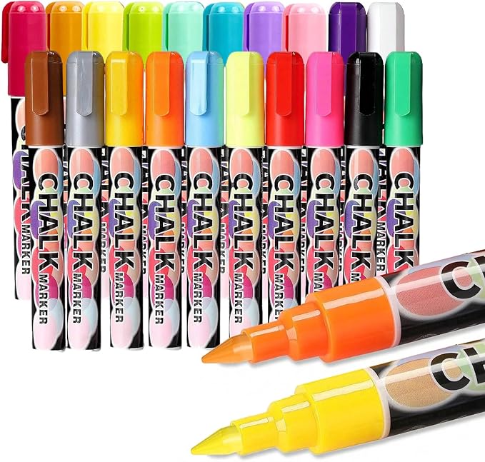 Extra Fine Tip Liquid Chalk Markers for Chalkboard, 20 Colors Window Liquid Chalk Marker Pens with 1mm Fine Tips, Washable Erasable Wet Erase Marker Pens Set for Bistro, Car Glass, Poster, Blackboard