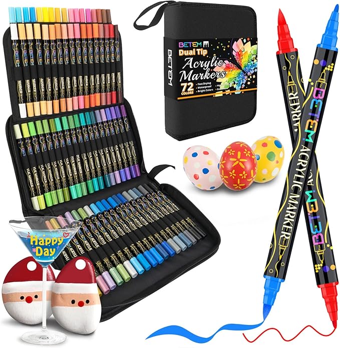 Betem Paint Markers Acrylic Paint Pens, Dual Tip 72 Colors Acrylic Markers with Brush Tip and Fine Point, Art Supplies for Wood, Canvas, Stone, Glass, Rock Painting Kit DIY Crafts Drawing Kit with Bag