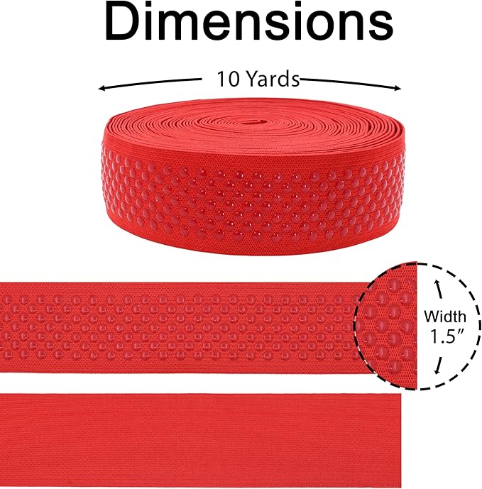 Mandala Crafts 1.5 Inch Elastic Silicone Gripper Tape for Clothing - 10 Yds Dotted Non Slip Elastic Band for Sewing - Red Silicone Flat Fabric Stretchy Ribbon Straps