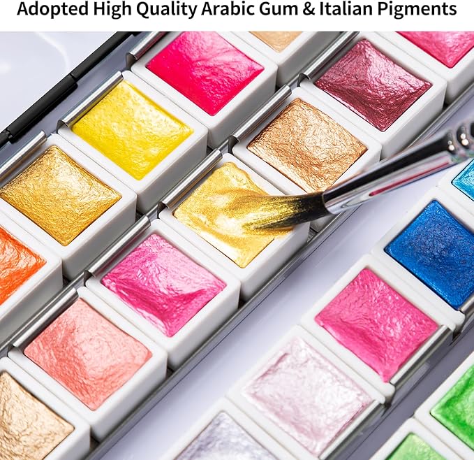ARTSY Metallic Watercolor Paint Set – 48 Glitter Colors in A Metal Case with Palette Perfect for Artists, Hobbyists, Students, Beginners