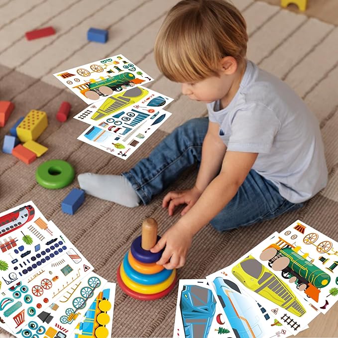 DUJAA 24 Sheets Train Stickers for Kids, Make Your Own Steam, Freight, Bullet Trolley Trains Stickers for Toddlers, Train Party Favors, DIY Craft Great Birthday Classroom Teacher Reward