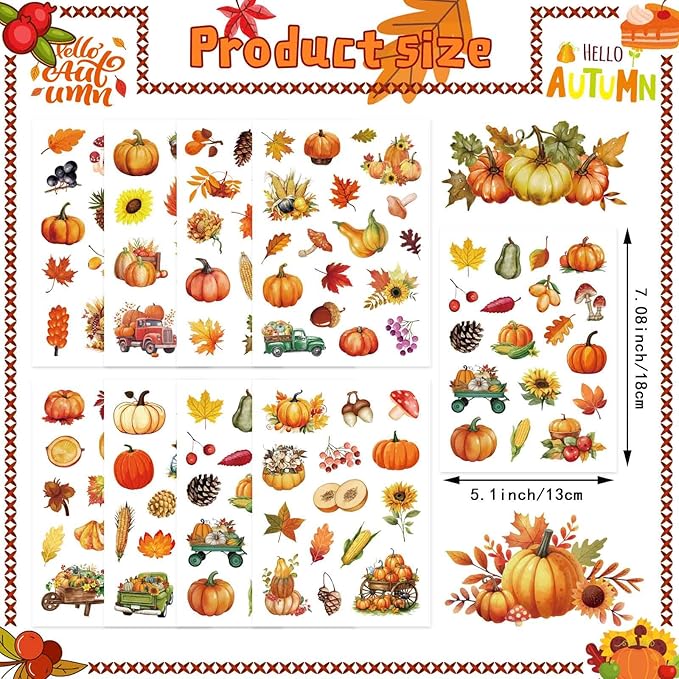 32 Sheets Fall Theme Sticker, Pumpkin Stickers, Hello Autumn Sticker, Thanksgiving Stickers for Kids, Fall Harvest Food Pumpkin Maple Leaves, Thanksgiving Party Favors Supplies