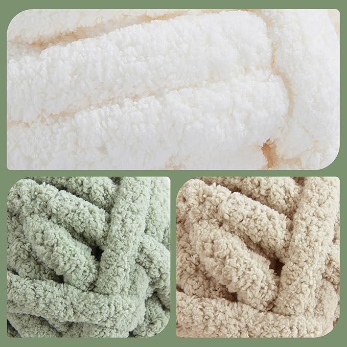HOMBYS 12 Pack Chunky Yarn for Crocheting,Super Bulky Large Soft Fluffy Yarn,Plush Fuzzy Yarn,Thick Chenille Yarn for Hand Knitting/Arm Knitting,4 Cream,4 Light Grey,4 Sage Green(Each 27yds,8 oz)