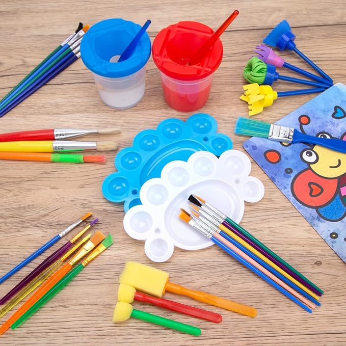 BigOtters Painting Brushes, 45PCS Kids All Purpose Paint Supplies Include Paint Cups with Lids Palette Tray Multi Sizes Brush for Children Gifts School Prizes Art Party
