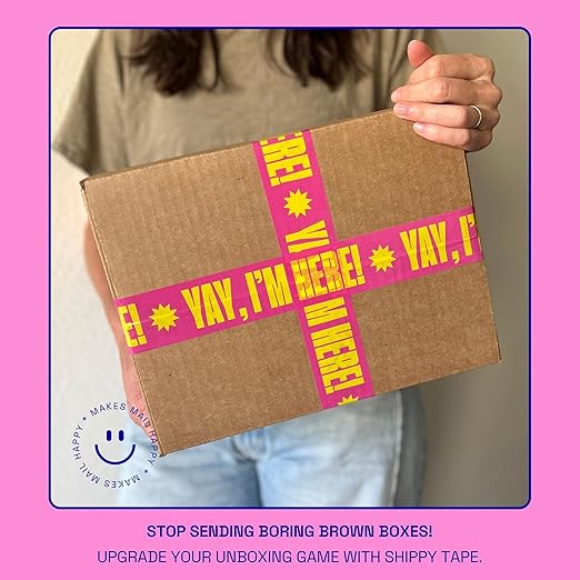 Cool Decorative Packing Tape for Small Business, Cute Designer Printed Packaging and Shipping Tape, Yay I'm Here!, Neon Pink Yellow, 1.88" x 110 Yards (330 feet)