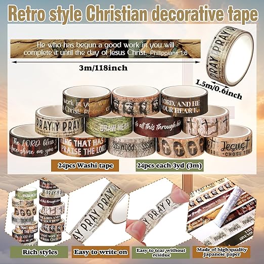 Janlaugh 24 Rolls Christian Washi Tape Gifts Bulk Religious Inspirational Scripture Supplies Rustic Bible Verse Washi Tape for Bible Journaling Study Crafting New Year DIY Gifts
