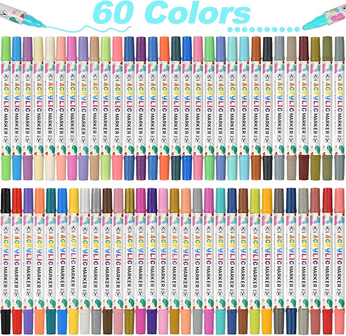 60 Colors Acrylic Paint Pens, Dual Tip Acrylic Paint Markers for Paper, Wood, Canvas, Stone, Rock Painting, Glass, Fabric, DIY, Ceramic, Art Supplies for Adults Drawing (Dot + Fine)