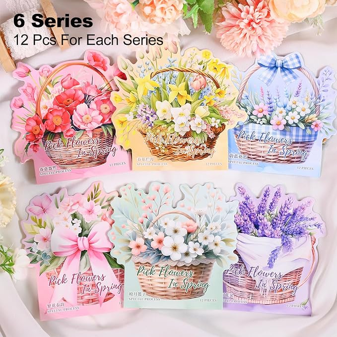 Floral Basket Holographic PET Sticker Set, 72Pcs Vintage Flower Stickers for Scrapbooking, Journaling, Junk Journal Supplies, and DIY Crafts