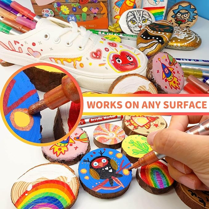 Funto Acrylic Paint Pens for Rock Painting, Fabric, Wood, Canvas, Metal, Ceramic, Glass, 24 Colors Paint Marker Set, Non-Toxic, Quick Drying