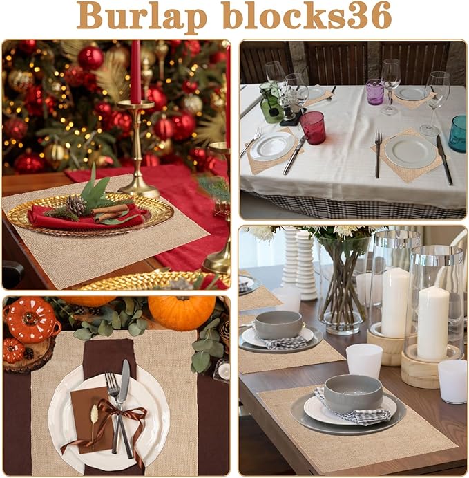 36 Pcs 12 x 12 Inches Burlap Squares - Natural Jute Fabric Placemats for Farmhouse, Wedding & Home Decor, Multipurpose Rustic Table Cover & Craft Supplies