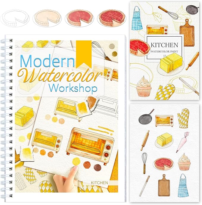 Watercolor Workbook for Beginners with Step-by-Step - 12 Watercolor Coloring Pages - 100% Cotton 300gsm/140lb Watercolor Paper - Gift for Women,Adults, Teens (Kitchen)