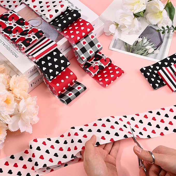 40 Pcs Red Black Love Heart Cotton Fabric Strips Polka Dots Stripes Plaid Mother's Day Fabric Bundles Strips for Quilting Crafting Precut Patchwork for Gift Sewing DIY Crafts