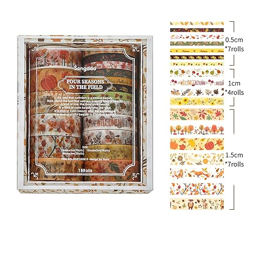18 Rolls Seasons Flowers Washi Tape Set Floral Arts Adhesive Tapes Blooming Garden Decorative Masking Tape Sets for Craft, Kids, Scrapbook, DIY, Gift Wrapping (Autumn)