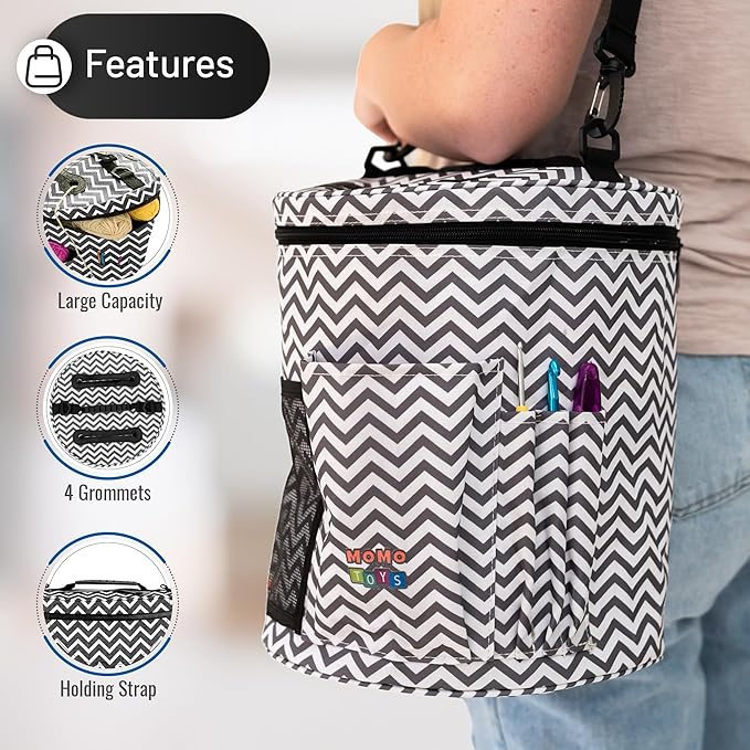 Crochet Storage Bag – Compact Yarn Organizer for Crocheting on the Go, Holds Hooks, Needles & Supplies – Zigzag Gray