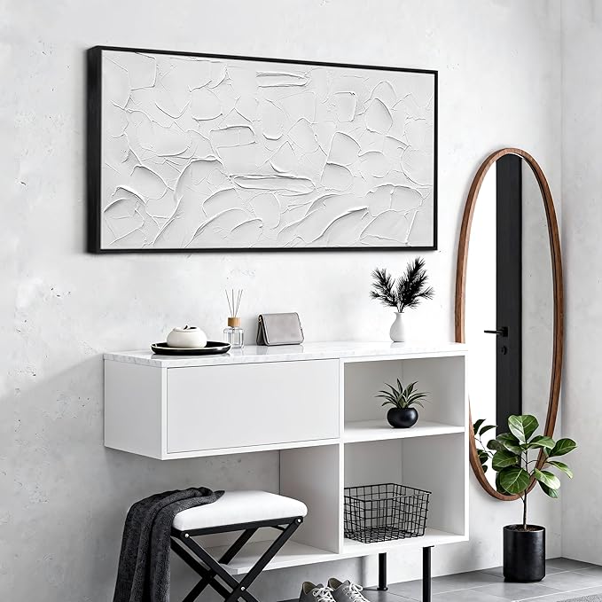Large Hand-Painted Oil Painting on Canvas Black Frame White Textured Wall Art Abstract Minimalist 3d Artwork Neutral Wall Picture Home Decor for Living Room Bedroom Office Ready to Hang 60x30inch