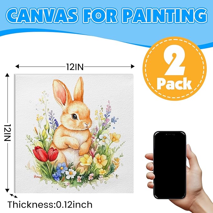 ESRICH Canvas for Painting, 2 Pack Square Canvas Boards for Painting 12x12 100% Cotton Primed Acid Free Blank Canvas Panels for Oil Paint, Watercolor, Acrylic Paint, Gouache and Tempera.