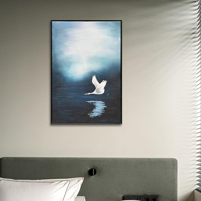 NANKAI Art Hand-Painted Lake Swan Oil Painting in Modern Abstract Style Suitable for Decorative Art for Home Office corridors and Walls. 36x24 inches(with Solid Wood Exterior Frame)