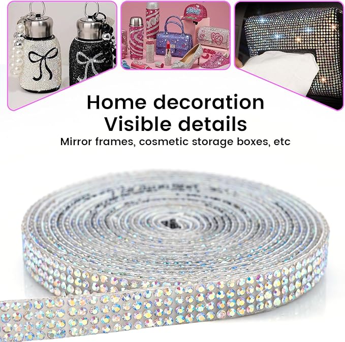 Novani Self Adhesive Rhinestone Ribbon, 0.35 Inch Wide 9 Yards 1 Roll, AB Crystal Diamond Bling Strips for DIY Crafts,Home Decor,Glitter Glass Rhinestone Tape for Crafting,Car Decoration