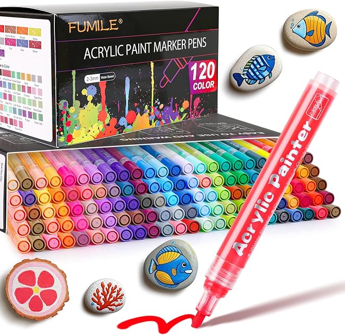 FUMILE 120 Color Acrylic Paint Marker, Include Metallic Color(28PCS),Blink Color(12 PCS),Classic Color(80PCS). Paint Markers Acrylic Marker Ideal for Rock, Wood, Metal, Plastic, Glass, Easter Egg.