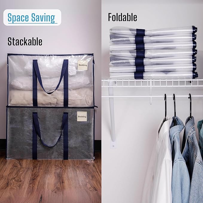 VENO 4 Pack Moving Bags and Large Christmas Decoration Storage Bins with lids. Alternative to Moving Boxes, Packing Supplies for College. Heavy Duty Totes (Clear, 4 Pack)