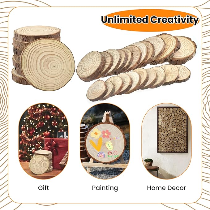 30Pcs 1.2"-3.1" Unfinished Natural Wood Slices, Round Wood with Tree Bark Discs Circles Cookies for DIY Arts & Crafts, Coaster, Christmas Ornaments, Rustic Wedding Decoration